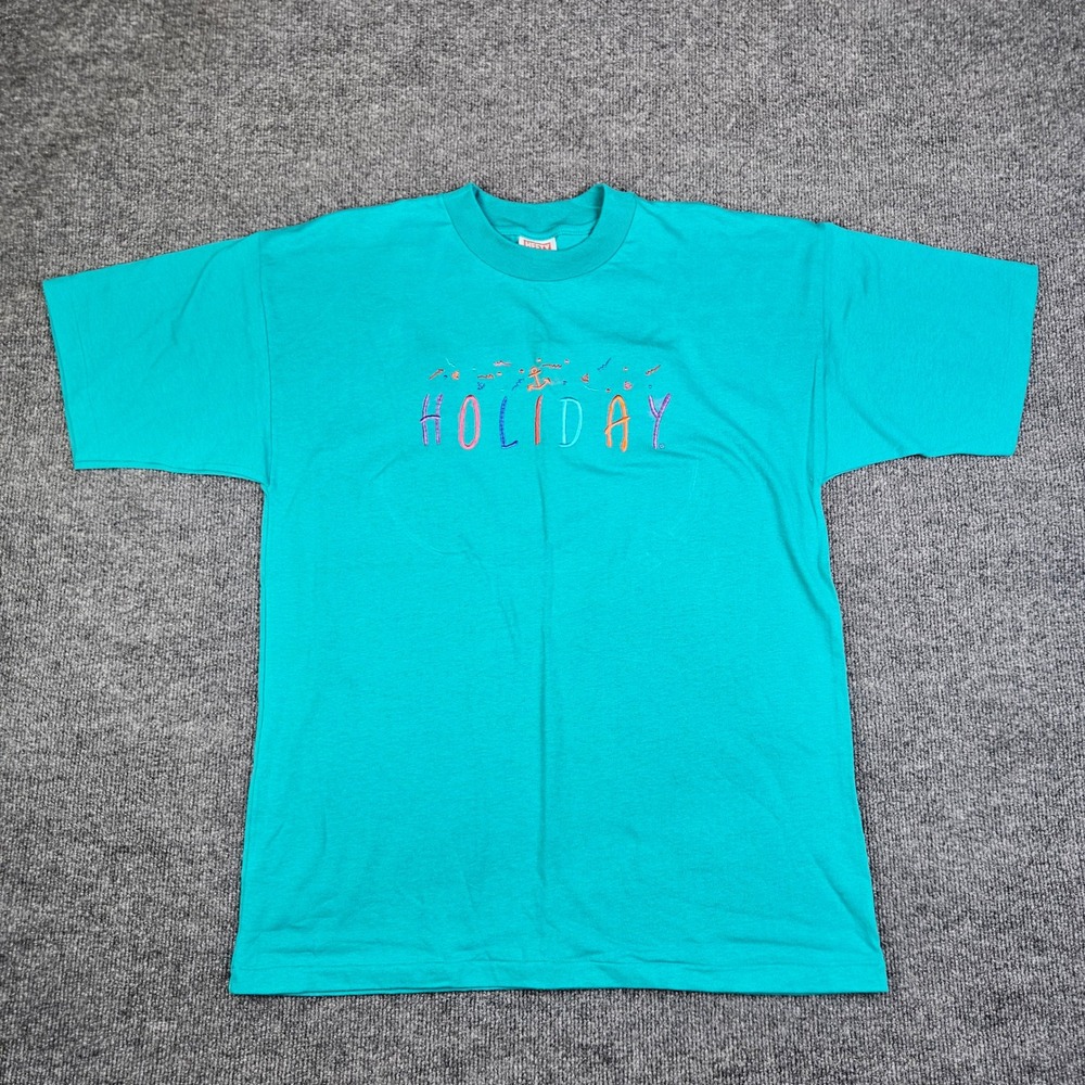 Vintage HEFTY‎ Sun Island Holiday Vacation T-Shirt Mens L Turquoise Embroidered